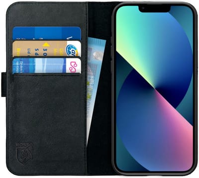 Rosso Deluxe Echt Leer Book Case Hoesje Geschikt voor Apple iPhone 14 | Ruimte voor drie pasjes | Portemonnee Book Case | Met Pasjeshouder | Zwart