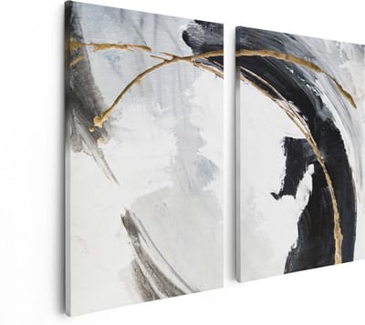 Artaza Canvas Schilderij Tweeluik Abstracte Kunst - Wit met Zwart en Goud - 80x60 cm - Wanddecoratie Woonkamer - Schilderijen - Muurdecoratie