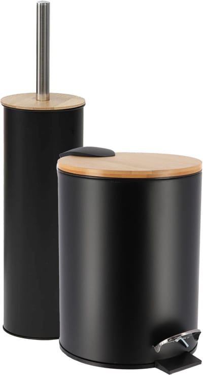 Tendance Badkamerset prullenbak en toiletborstel - Bamboo vibe - soft close - zwart - 3 liter - metaal