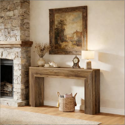 OKWISH Consoletafel - Rustieke Houtlook En Geribbelde Details - Voor Hal En Woonkamer - MDF Bruin - 160 x 30 cm