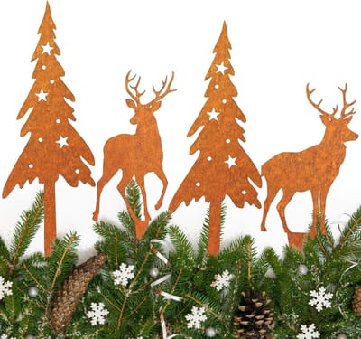 Set van 4 Roestige Tuinstaken voor Kerstdecoratie - Weerbestendige Metalen Rendier Decoratie voor Buiten en Adventsfeesten