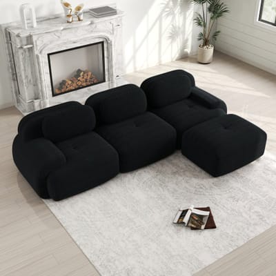 Modulares Ecksofa ohne Montage, ergonomisch und haustierfreundlich, aus Cordstoff mit extra-breiten Armlehnen, 32D hochelastische Polsterung für Wohnzimmer und Schlafzimmer, zwart