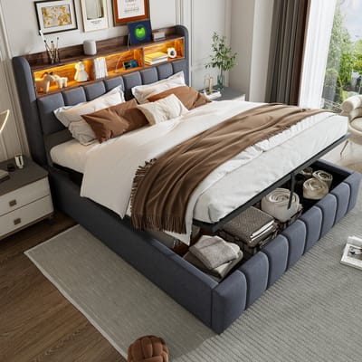 DESMIU Gestoffeerd Bed 180x200 cm – Ledverlichting & Usb Oplaadpunten – Hydraulische Opbergruimte – Tweepersoonsbed – Linnenlook – Grijs – Zonder Matras