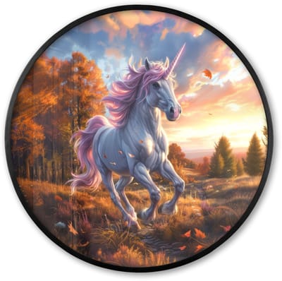Poster in lijst Rond - Fotolijst 60x60 cm - Posters - Eenhoorn - Sprookjes dier - Natuur - Meisjes - Ronde posterlijst zwart - Decoratie - Wanddecoratie woonkamer - Muurdecoratie slaapkamer
