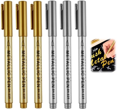 Dailygoods - 6 stuks metalen markers op oliebasis, metalen markers met zachte punt, 1,5 mm lijnbreedte, permanente gouden knutselstiften, geschikt voor papier, keramiek, glas en andere materialen, 3 goud en 3