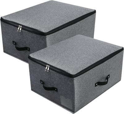 deksel-opbergbox met verdelingsbord, 4 handgrepen, ritssluiting, deksels, kleding, quilts, opbergdoos, organizer voor slaapkamer, kast, plank, 52 x 40 x 26 cm, zwart/grijs, 2 stuks