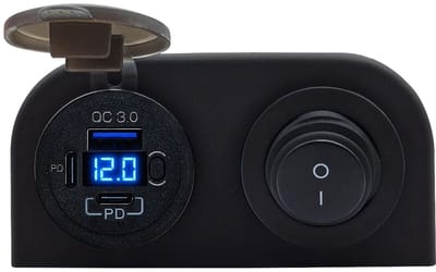 ProRide 12V USB C Stopcontact 3 Poorten Opbouw met Schakelaar/Voltmeter - QC3.0 - Tweevoudig opbouw - Blauw