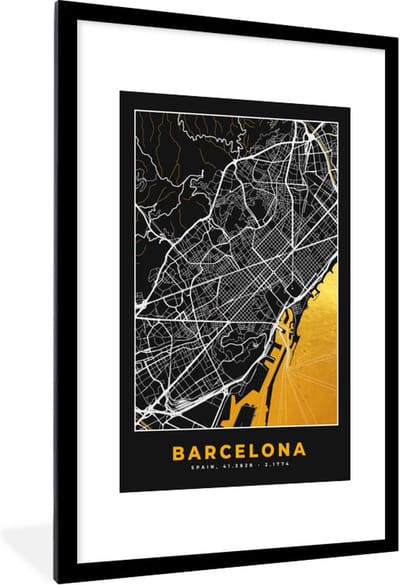 Fotolijst incl. Poster - Barcelona - Stadskaart - Plattegrond - Goud - Kaart - 80x120 cm - Posterlijst
