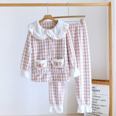 Nieuwe herfst/winter damespyjamaset van koraalfleece: schattig, fris, casual, verdikte flanellen huispak, tweedelige pyjamaset. XL