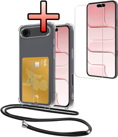 Hoes Geschikt voor Apple iPhone Air Hoesje Pasjeshouder Cover Met Koord Shock Proof Case Siliconen Hoes Met Telefoonkoord en Kaarthouder Met Screenprotector - Transparant