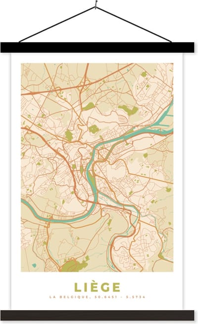 Posterhanger incl. Poster 40x60 cm - Schoolplaat - Kaart - Stadskaart - Vintage - Luik - Plattegrond - Textielposter - Zwarte latten - Stadskaart