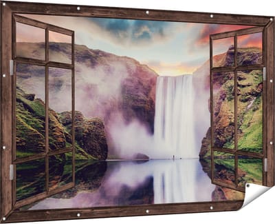Gards Tuinposter Doorkijk Waterval met een Weerspiegeling in het Water - 180x120 cm - Tuindoek - Tuindecoratie - Wanddecoratie buiten - Tuinschilderij