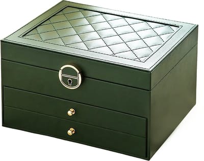 IBETTERTEC Drieledige sieradenbox van PU-leer met slot – Opbergdoos voor ringen–armbanden–kettingen–horloges en oorbellen – Inclusief sleutel & extra opbergruimte – Ideaal cadeau voor Moederdag–Kerstmis of jubilea Retro groen