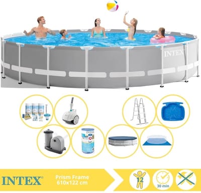 Intex Prism Frame Zwembad - Opzetzwembad - 610x122 cm - Inclusief Onderhoudspakket, Filter, Zwembad Stofzuiger, Voetenbad en #N/A