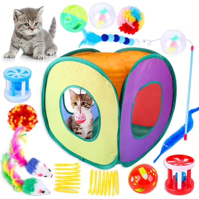Jouets pour chats 15 pièces ensemble de jouets pour chaton jouets interactifs pour chats d'intérieur avec tente pliable pour chat multicolore