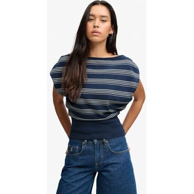Superdry Deep Rib Stripe Bardot Top Slanke Pasvorm Blauw Grootte: 34