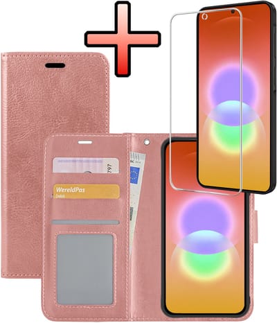 Hoesje - Met Screenprotector - Geschikt voor Samsung Galaxy A27 - Luxe Pasjeshouder - Bookcase Portemonee - Flip Case - Kunstleer Book Case - Flipcase - Book Cover - Walletcase - Portemonneehoes - Rosé goud