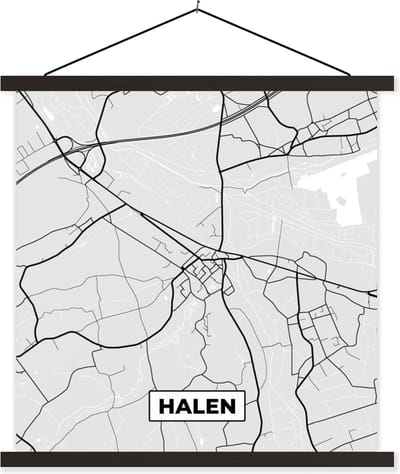Posterhanger incl. Poster 60x60 cm - Schoolplaat - Plattegrond – Halen – Zwart Wit – Stadskaart - Kaart - Textielposter - Zwarte latten - Stadskaart