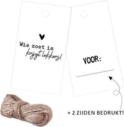 Sinterklaas Cadeaulabels 4 x 7 cm - 10 Stuks + 2 Meter Jute Touw - Wie Zoet Is Krijgt Lekkers - Naamlabels