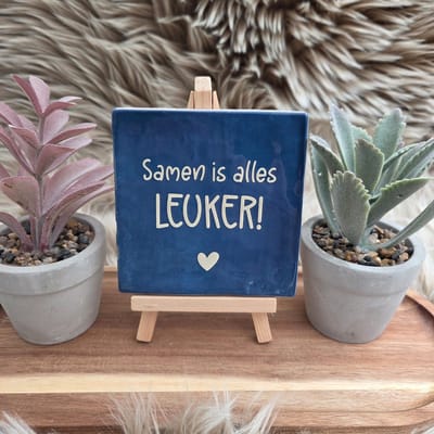 Robuust wenstegeltje “Samen is alles leuker!” – Liefde & Vriendschap Cadeau – Keramiek – Decoratie – Relatie Cadeautje – Vriendschap - Trendy nu – Decoratief Tegeltje met Standaard – Cadeau Idee