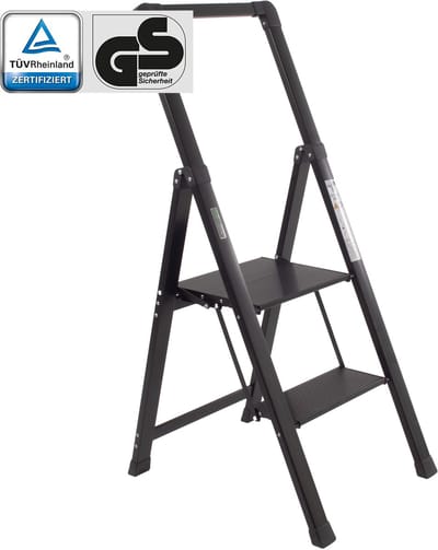 TRUTZHOLM Aluminium Trapladder 2 Treden Zwart - TÜV/GS 150kg Huishoudtrap - Met Opklapbare Leuning Antisliptreden Keukentrap