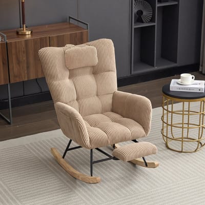 MODFU - Schommelstoel - Hoge Rugleuning Met Nekkussen En Verborgen Voetensteun - Modern - Ribstof - Bruin - 102 X 65 X 92 Cm