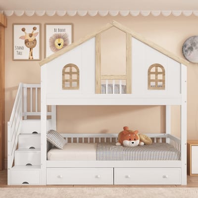 Stapelbedden - 90x200cm - Etagenbed Met Kleurcontrast Veiligheidshek, Raam, 2 Lades Op Rollen, 4-Traps Ladder Met Opbergruimte - Kiefer + MDF - Wit/Natuurlijk