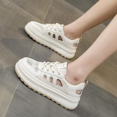 Baotou Sports Sandalen Dames Holle Ademende Gaten Schoenen Zomer Nieuwe Dikke Zool Leer Mesh Witte Board Schoenen 39 white
