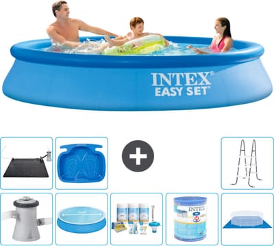 Intex Rond Opblaasbaar Easy Set Zwembad - 305 x 61 cm - Blauw - Inclusief Pomp - Solarzeil - Onderhoudspakket - Filter - Grondzeil - Solar Mat - Ladder - Voetenbad - 9-delig