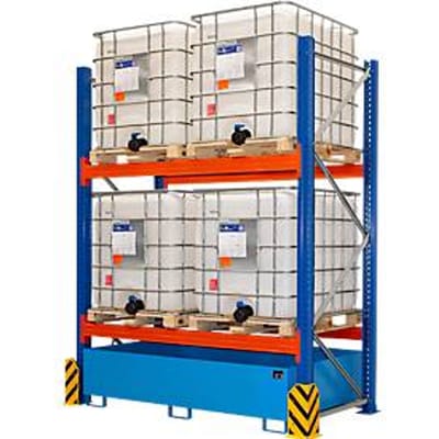 BAUER milieurekken UR-G 2200-2, palletstelling, B 2400 x D 1300 x H 3000 mm, voor max. 4 IBC's, opvangbak 1000 l, lichtblauw/verkeersblauw/puur oranje