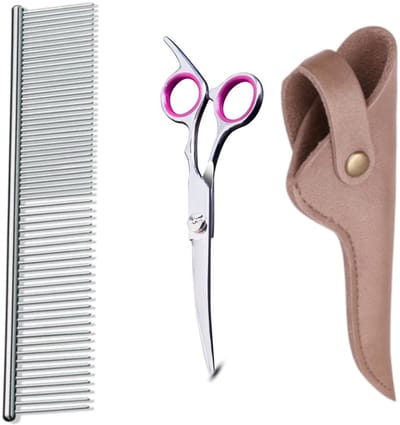 Professor Q Hondenschaar Krom – Linkshandige Professionele Trimschaar – Ideaal voor Natuurlijke Rondingen met Luxe Lederen Etui – 16,5 cm – Brons + Anti-Klit Kam – Pijnloos & Huisdiervriendelijk