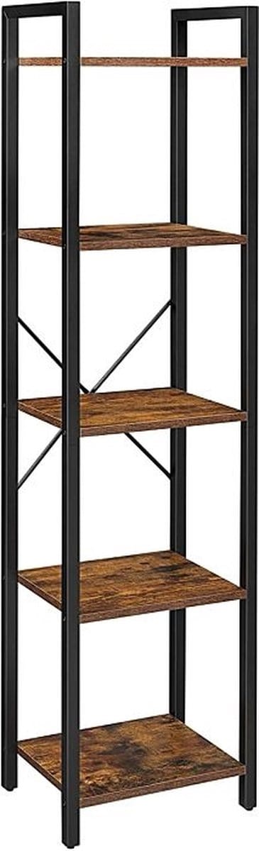 Hoppa! | Boekenplank | 5 Niveaus, Stalen Frame, Spaanplaat, Vintage Bruin-Zwart