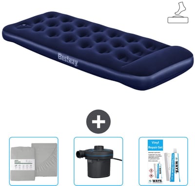 Bestway luchtbed - 1-Persoons - 76 x 185 x 28 cm - Blauw - Inclusief pomp - Hoeslaken - Pomp en Reparatieset