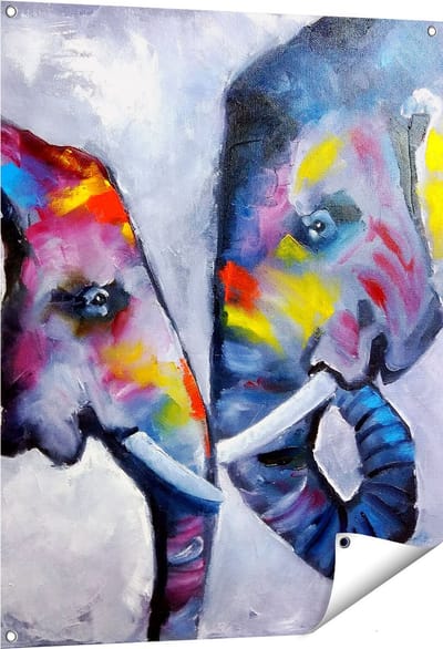 Gards Tuinposter Twee Getekende Olifanten - Abstract - 80x100 cm - Tuindoek - Tuindecoratie - Wanddecoratie buiten - Tuinschilderij