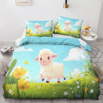 Cartoon Schaap Dekbedovertrek Tweepersoonsmaat, 3D Schattige Dieren Zachte Microfiber Beddengoedset met 2 Kussenslopen voor Kinderen Jongens Meisjes Tieners 140x200cm