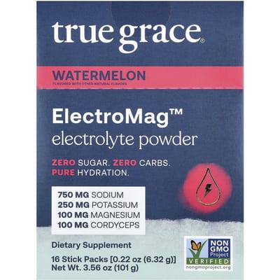 True Grace, ElectroMag™, Elektrolytenpoeder, Watermeloen, 16 Stickverpakkingen, 6,32 g (0,22 oz) Elk