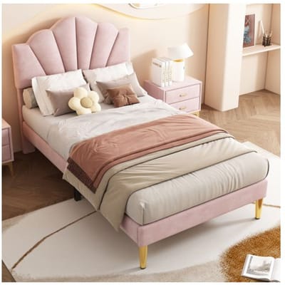Bed - MUVOE - 90x200 cm - Roze fluweel - Verstelbaar hoofdbord - Houten lattenbodem roze