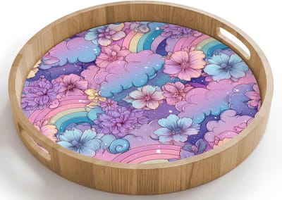 Dienblad rond 40x40 cm - Schootdienblad hout - Regenbogen - Bloemen - Kleurrijk - Wolken - Borrelplank rechthoek - Plateau houten dienbladen