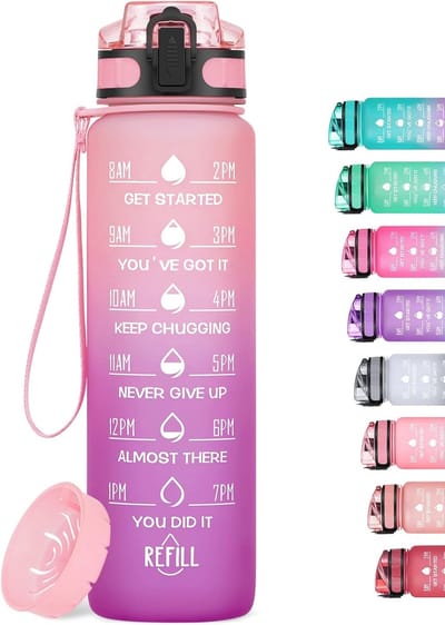 Famanu - Waterfles 1 liter, motiverende drinkfles met tijdmarkering, lekvrij, BPA-vrij, Tritan sportfles met draagriem voor fiets, gym, yoga, outdoor, kantoor (Roze Paars)