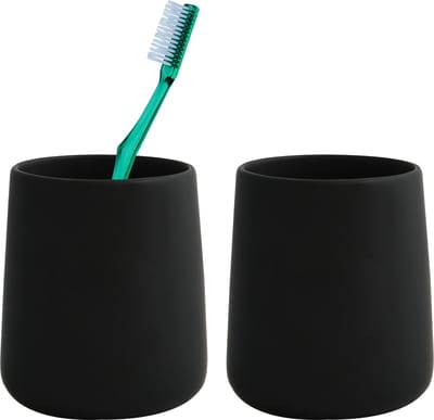 MSV Badkamer drinkbeker/tandenborstelhouder Malmo - 2x - Keramiek - zwart - 8 x 10 cm