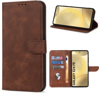 Multimedia & Accessoires PU Lederen Book Case Hoesje voor Samsung Galaxy S24 FE – Donkerbruin - Portemonnee – Met Stand – Kaarthouder – Pasjes Houder – Magneet Sluiting – Bookcase