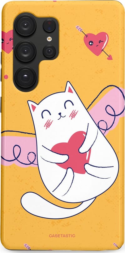 Casetastic Hoesje Geschikt voor Samsung S25 Ultra - Stijlvolle Beschermende Duo-layer Case - Kattenflirt Geel Rode Hartjes Liefde