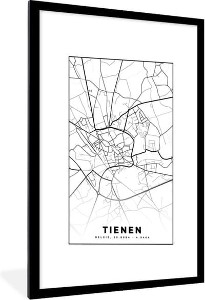 Fotolijst incl. Poster Zwart Wit- België – Tienen – Stadskaart – Kaart – Zwart Wit – Plattegrond - 60x90 cm - Posterlijst