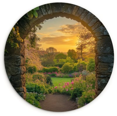 WallCircle® Wandcirkel 120x120 cm - Muurcirkel Poort - Planten - Zonsondergang - Muurdecoratie woonkamer - Wanddecoratie slaapkamer - Kamer decoratie accessoires - Ronde schilderijen XXL