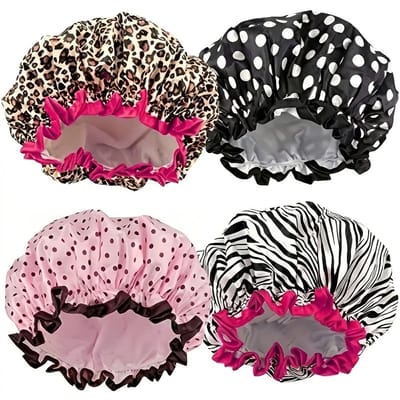 Set van 4 satijnen douchemutsen – waterdichte badmuts voor dames – elastische douchekap met luipaard, zebra en stippenprint – herbruikbare douchemutsen