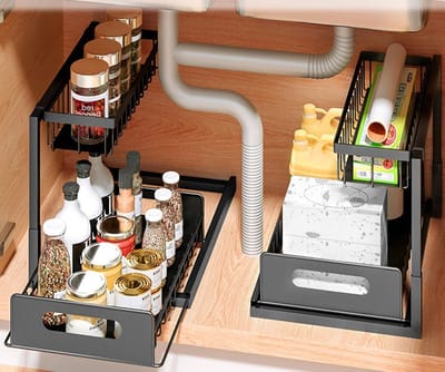 JGS Premium - Set van 2 ondertafel-keukenorganizers 2-traps multifunctionele organizer voor badkamer en keuken - Zwart