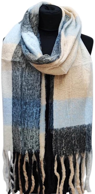 Wintersjaal Warme Shawl Viscose Wol - Geblokt - (2410) - Beige/Blauw