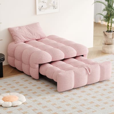 MEUNIQ slaapbank eenpersoons 183 x 76 x 42 cm, 2-in-1 uitklapbare bedbank met teddy stof, metalen frame en MDF, voor woonkamer of slaapkamer, roze