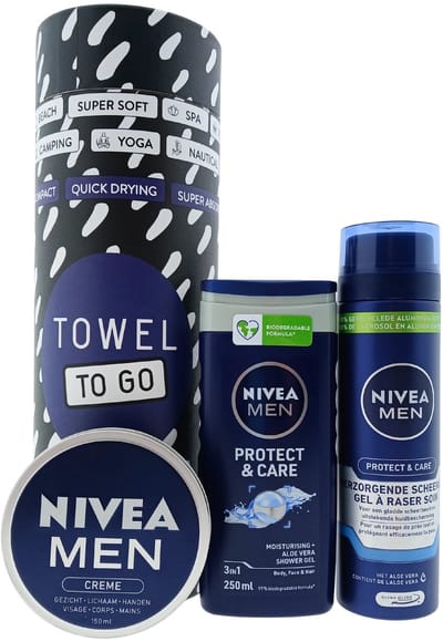 Nivea Men Protect & Care Cadeauset – 4-delig – Douche + Scheergel + Crème + Hamamdoek – Cadeau voor hem