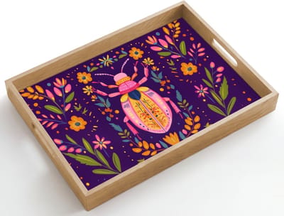 Dienblad hout 50x35 cm - Schootdienblad - Kever - Felgekleurd - Bloemen - Bladeren - Borrelplank rechthoek - Plateau dienbladen